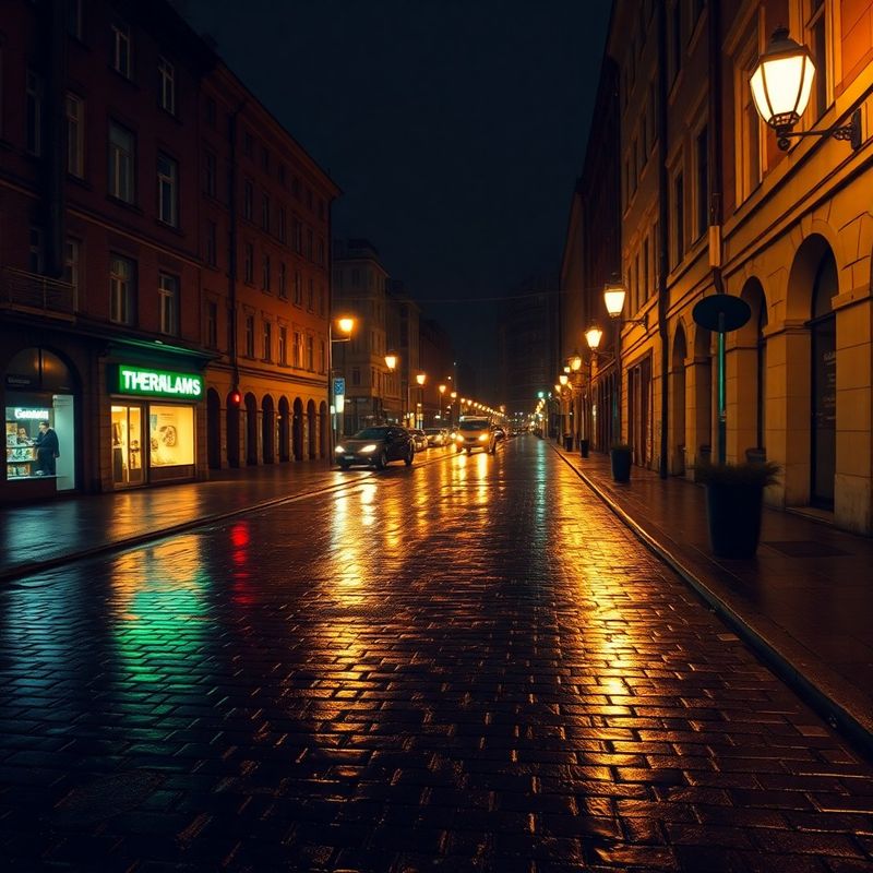Nocna ulica Warszawy w deszczu, neonowe odbicia