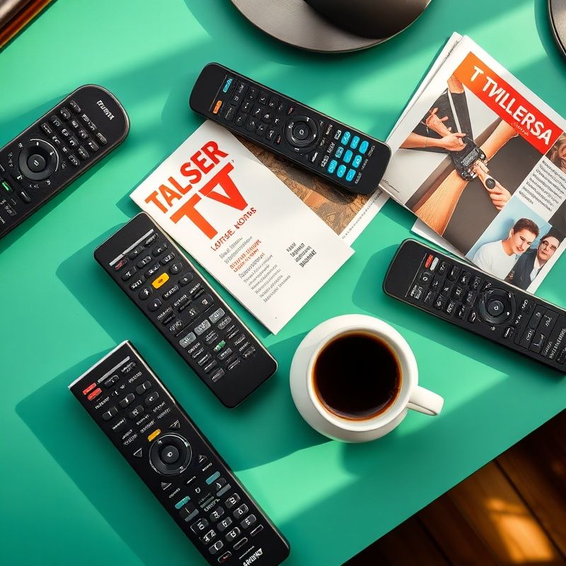Piloty do telewizora, programy TV i kawa na biurku